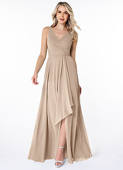 Azazie Calvi Bridesmaid Dresses Taupe A-Line Ruched Chiffon Dress image1