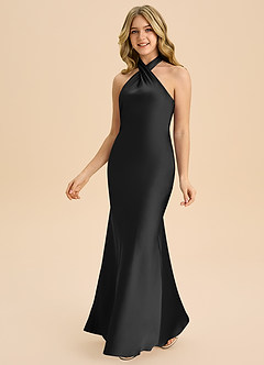 Azazie Chickie Junior Black Sheath Pleated Stretch Satin Dress image5