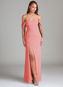 Azazie Amyra Bridesmaid Dresses Coral Sheath Off the Shoulder Chiffon Convertible Dress image4
