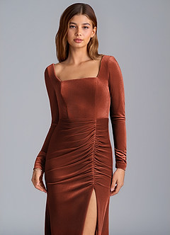 Azazie Addie Bridesmaid Dresses Terracotta Sheath Long Sleeve Velvet Dress image2