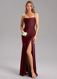 Azazie Grata Bridesmaid Dresses Cabernet Sheath Side Slit Stretch Satin Dress image1