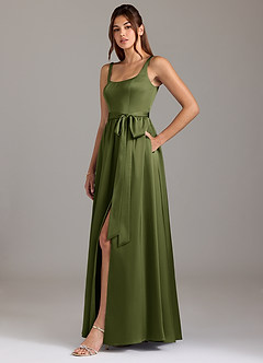 Azazie Elliott Bridesmaid Dresses Olive A-Line with Pockets Stretch Satin Dress image4