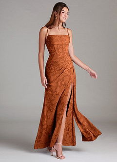 Azazie Denisa Bridesmaid Dresses Burnt Orange Sheath Pleated Floral Burnout Dress image4