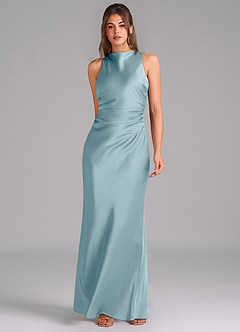 Azazie Evadne Bridesmaid Dresses Moody Blue A-Line Pleated Stretch Satin Dress image3