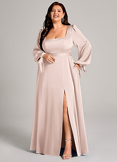 Azazie Leonia Bridesmaid Dresses Blushing Pink A-Line Long Sleeve Stretch Satin Dress image8
