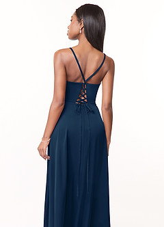 Azazie Maksim Bridesmaid Dresses Dark Navy A-Line V-Neck Stretch Satin Dress image3