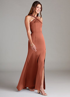 Azazie Rue Bridesmaid Dresses Clay A-Line Pleated Stretch Satin Dress image4
