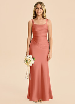 Azazie Agustina Junior Salmon Pink Sheath Pleated Stretch Satin Dress image6