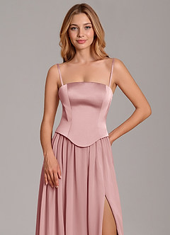 Azazie Cadence Robes de demoiselle d'honneur Robe Trapèze Convertible en Satin extensible Corset Rose Poussiéreuse image2