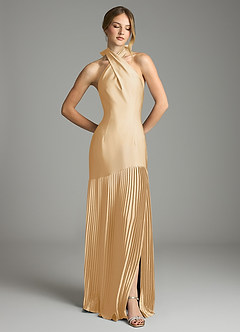 Azazie Nayeli Jurken voor bruidsmeisjes Jurk van Stretch Satijn met A-Lijn Geplooid Goud image3