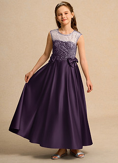 Azazie Candy Girl Blumenmädchenkleider Ballkleid Schleifen Matte Satin Kleid Pflaume image4