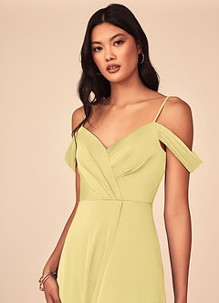Azazie Ocean Bridesmaid Dresses Lemon Sorbet A-Line V-Neck Pleated Stretch Satin Dress image4