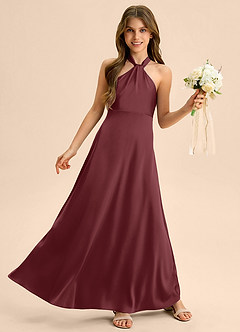 Azazie Beah Junior Cabernet A-Line Pleated Stretch Satin Dress image5