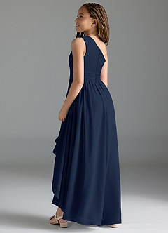 Azazie Mathilda Junior Robe Trapèze en Mousseline de soie Plissée Bleu Marine Foncé image5