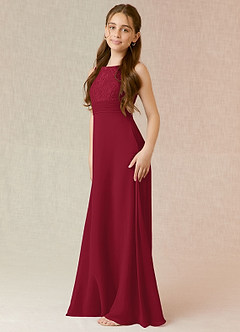 Azazie Snow Junior Burgundy A-Line Lace Chiffon Dress image3