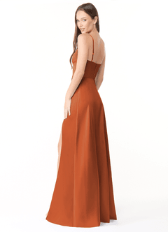 Azazie Halsey Bridesmaid Dresses Cinnamon Sheath Side Slit Stretch Satin Dress image5
