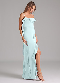 Azazie Malia Robes de demoiselle d'honneur Robe Trapèze en Satin extensible Fente Latérale Verre De Mer image5