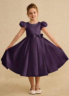 Azazie Pearl Flower Girl Dresses Plum Ball-Gown Pleated Matte Satin Dress image4