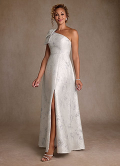 Azazie Margerie Mother of the Bride Dresses Silver Jacquard A-Line One Shoulder Floral Jacquard Dress image2