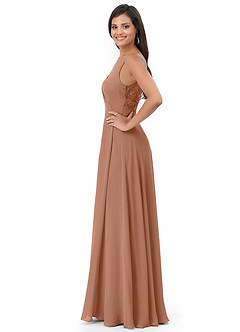 Azazie Lennon Abiti da Damigella Abito A-Line in Chiffon Pizzo Bronzo image3