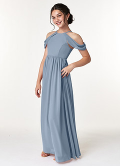 Azazie Seneca Junior Abito A-Line in Chiffon a Spalla Scoperta Blu Polveroso image4