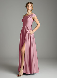 Azazie Melanie Bridesmaid Dresses Vintage Mauve A-Line Off the Shoulder Stretch Satin Dress image4