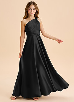 Azazie Charlize Junior Vestido Negro de Satén Elástico de Corte en A con Plisado image5