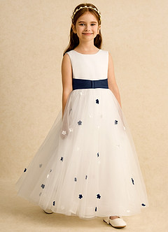 Azazie Cricket Flower Girl Dresses Ivory Dark Navy Ball-Gown Pleated Matte Satin Dress image3
