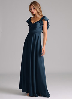 Azazie Leilani Vestidos de damas de honor Vestido Azul Marino Oscuro de Satén Elástico de Línea A con Drapeado image8