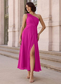 Azazie Brooke Robes de demoiselle d'honneur Robe Trapèze en Mousseline de soie Une épaule Fuchsia image2