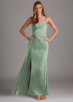 Azazie Bona Final Sale Agave A-Line V-Neck Pleated Stretch Satin Dress image1