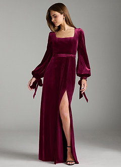 Azazie Leonia Bridesmaid Dresses Cabernet A-Line Long Sleeve Velvet Dress image3