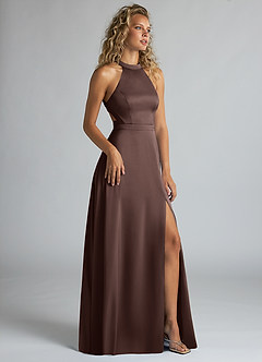 Azazie Clarice Bridesmaid Dresses Ganache A-Line High Neck Stretch Satin Dress image2