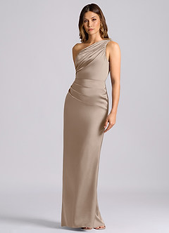 Azazie Akilah Jurken voor bruidsmeisjes Jurk van Stretch Satijn met Zeemeermin One-shoulder Taupe image6