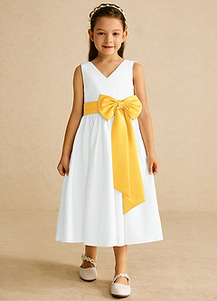 Azazie Darling Flower Girl Dresses Ivory Marigold A-Line Bow Cotton Dress image4