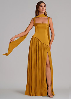 Azazie Stephanie Bridesmaid Dresses Butterscotch A-Line Pleated Stretch Satin Dress image1
