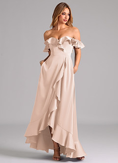Azazie Lyra Bridesmaid Dresses Blushing Pink A-Line Off the Shoulder Stretch Satin Convertible Dress image3
