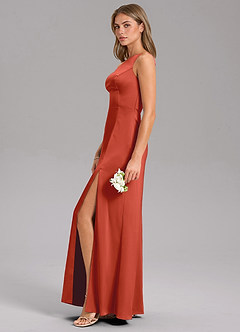 Azazie Feby Bridesmaid Dresses Rust A-Line One Shoulder Stretch Satin Dress image5