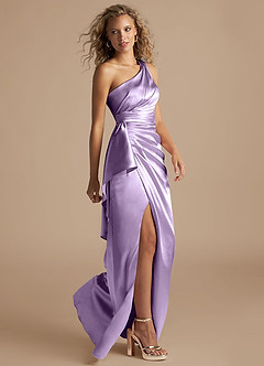 Azazie Maive Bridesmaid Dresses Lilac Sheath Ruched Metallic Satin Dress image5