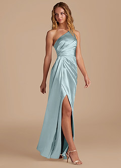Azazie Mika Bridesmaid Dresses Mist Sheath One Shoulder Metallic Satin Dress image4