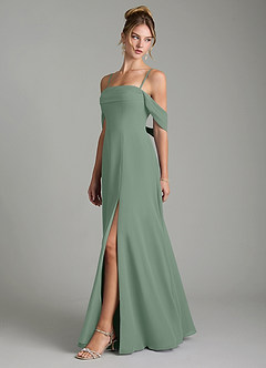Azazie Mercedes Bridesmaid Dresses Silver Sage A-Line Off the Shoulder Chiffon Dress image4