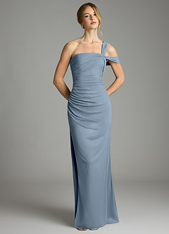 Azazie Tati Venta Final Vestido de Azul Polvoriento de Malla de Corte Recto con Vestidos sin tirantes image2