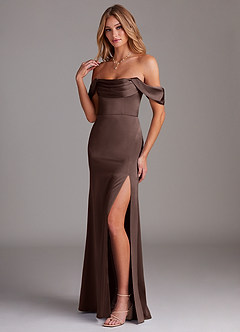 Azazie Saige Bridesmaid Dresses Ganache Sheath Off the Shoulder Stretch Satin Dress image5