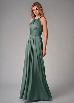 Azazie Bonnie Bridesmaid Dresses Sea Moss A-Line Pleated Stretch Satin Dress image3