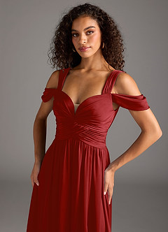 Azazie Lianne Brautjungfernkleider A-Linie Schulterfrei Stretch-Satin Kleid Granatapfelrot image3