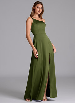 Azazie Trina Brautjungfernkleider A-Linie One-Shoulder Stretch-Satin Kleid Olivgrün image4