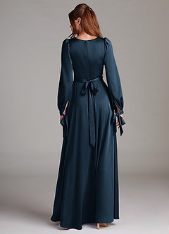 Azazie Leonia Bridesmaid Dresses Dark Navy A-Line Long Sleeve Stretch Satin Dress image2