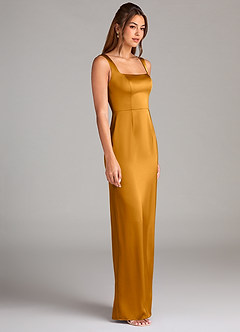Azazie Flori Bridesmaid Dresses Butterscotch Sheath Side Slit Stretch Satin Dress image3