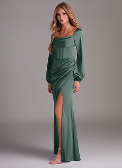 Azazie Charissa Bridesmaid Dresses Sea Moss Sheath Long Sleeve Stretch Satin Dress image5