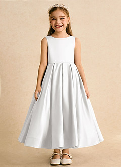 Azazie Cailee Flower Girl Dresses White Ball-Gown Pleated Matte Satin Dress image6